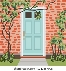 House door front with doorstep and mat,  plants tree, bush, entry facade building, exterior entrance design illustration vector in flat style