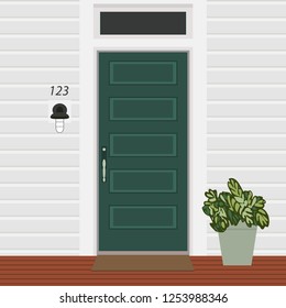 House door front with doorstep and mat, lamp, flowers, building entry facade, exterior entrance design illustration vector in flat style