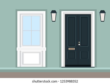 House door front with doorstep and mat, steps, window, lamp, flowers, building entry facade, exterior entrance design illustration vector in flat style