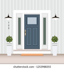 House door front with doorstep and mat, steps, window, lamp, flowers, building entry facade, exterior entrance design illustration vector in flat style