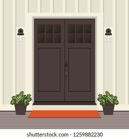 House door front with doorstep and mat, window, lamp, flowers, building entry facade, exterior entrance design illustration vector in flat style