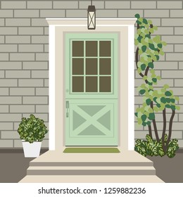 House door front with doorstep and mat, steps, window, lamp, flowers, building entry facade, exterior entrance design illustration vector in flat style