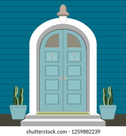 House door front with doorstep and mat, steps, window, lamp, flowers, building entry facade, exterior entrance design illustration vector in flat style