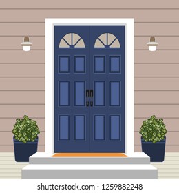 House door front with doorstep and mat, steps, window, lamp, flowers, building entry facade, exterior entrance design illustration vector in flat style