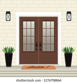 House door front with doorstep and mat, steps, window, lamp, flowers in pot, building entry facade, exterior entrance design illustration vector in flat style