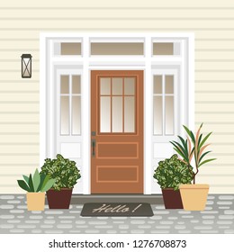 House door front with doorstep and mat, steps, window, lamp, flowers in pots, building entry facade, exterior entrance design illustration vector in flat style