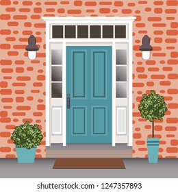 House door front with doorstep and steps, window, lamps, flowers, entry facade building, exterior entrance design illustration vector in flat style