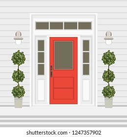 House door front with doorstep and steps, window, lamps, flowers, entry facade building, exterior entrance design illustration vector in flat style