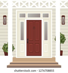 House door front with doorstep and steps, window, lamp, flowers in pot, building entry facade, exterior entrance design illustration vector in flat style