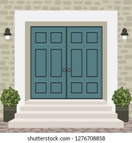 House door front with doorstep and steps, lamp, flowers in pots, building entry facade, exterior entrance with brick wall design illustration vector in flat style