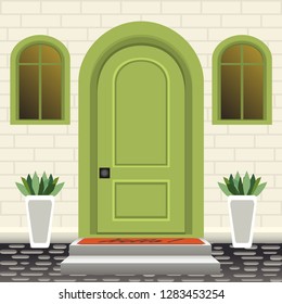 House door front with doorstep and steps, mat, flowers in pots, building entry facade, exterior entrance with brick wall design illustration vector in flat style