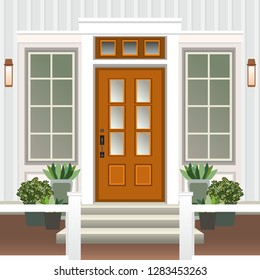 House door front with doorstep and steps porch, window, lamp, flowers in pot, building entry facade, exterior entrance design illustration vector flat style