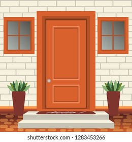 House door front with doorstep and steps, lamp, flowers in pots, building entry facade, exterior entrance with brick wall design illustration vector in flat style