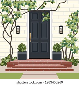 House door front with doorstep and steps, lamp, flowers in pots, building entry facade, exterior entrance with brick wall design illustration vector in flat style