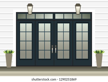 House door front with doorstep and steps porch, window, lamp, flowers in pot, building entry facade, exterior entrance design illustration vector flat style
