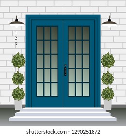 House Door Front With Doorstep And Steps, Lamp, Flowers In Pots, Building Entry Facade, Exterior Entrance With Brick Wall Design Illustration Vector In Flat Style