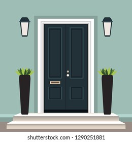 House door front with doorstep and steps porch, lamp, flowers in pot, building entry facade, exterior entrance design illustration vector flat style