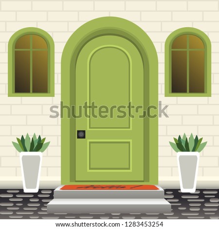 House door front with doorstep and steps, mat, flowers in pots, building entry facade, exterior entrance with brick wall design illustration vector in flat style