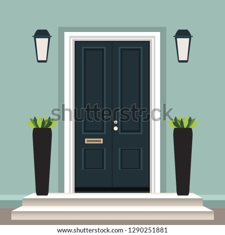 House door front with doorstep and steps porch, lamp, flowers in pot, building entry facade, exterior entrance design illustration vector flat style