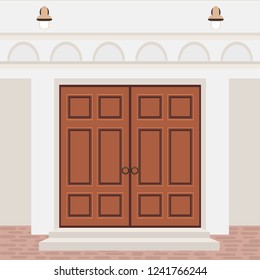 House door front with  steps and lamps, building entry facade, exterior entrance design illustration vector in flat style