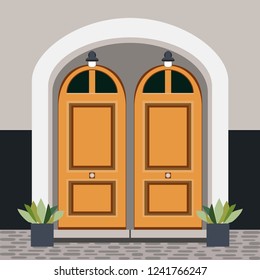 House door front with window, steps, lamps and plants, building entry facade, exterior entrance design illustration vector in flat style