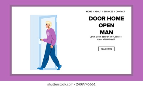 house door home open man vector. child new, person entrance, parent guest house door home open man web flat cartoon illustration