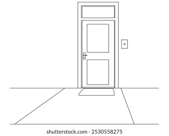 Porta da casa com quintal de varanda. Ilustração em formato de contorno e de vetor.