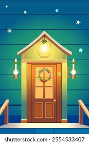 house door with wooden railings illuminated by vintage lanterns, decorated with Christmas wreath and mistletoe branch