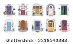 House doors vector set, vintage doorway front entrance, wooden entry with glass window, frame and doorknob, indoor house wall interior, medieval building doorpost, doorsill and gate isolated on white