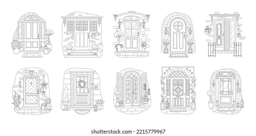 House doors vector set, vintage doorway front entrance, wooden entry with glass window, frame and doorknob, indoor house wall interior, medieval building doorpost, doorsill and gate isolated on white