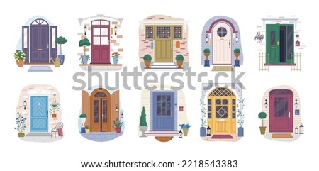 House doors vector set, vintage doorway front entrance, wooden entry with glass window, frame and doorknob, indoor house wall interior, medieval building doorpost, doorsill and gate isolated on white