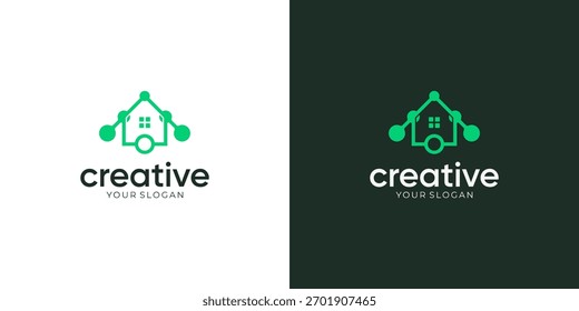 Casa com pontos Strip Tech Connect Logo Design Inspirations. Vetor abstrato do conceito de tecnologia digital residencial.	
