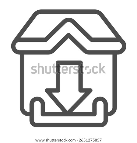 House with downloads basket line icon, data hoarding concept. Vector graphics. Cottage building and loading down arrow sign on white background, outline style icon for mobile or web design