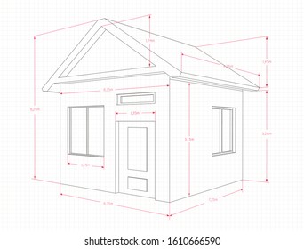 House drawing by lines, red size indicators