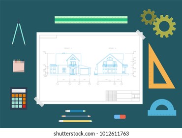 House drawing and drawing tools. The concept of design. Flat vector illustration.