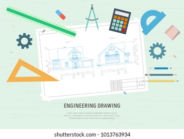House drawing and drawing tools. The concept of design. Flat vector illustration.