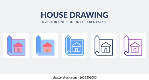 House drawing vector icon with variations. Home architect project. Building plan on a paper.