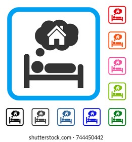House Dreams icon. Flat grey pictogram symbol in a blue rounded rectangle. Black, gray, green, blue, red, orange color versions of House Dreams vector. Designed for web and app interfaces.