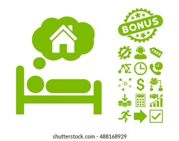House Dreams pictograph with bonus elements. Vector illustration style is flat iconic symbols, eco green color, white background.