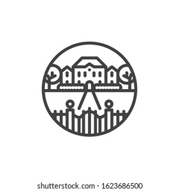 House with Driveway and Entrance gate line icon. linear style sign for mobile concept and web design. Cottage house, villa with automatic gates outline vector icon. Symbol, logo illustration.