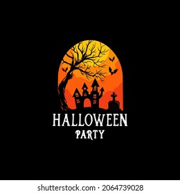 house and dry tree halloween spooky logo design template with dark background