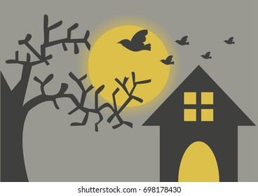 House and dry tree at night with the moon.Halloween party. Vector illustration