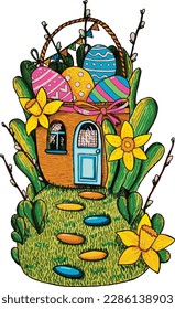 The house of the Easter bunny with a basket, Easter eggs and willow