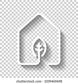 house with eco leaf icon. line style. White icon with shadow on transparent background