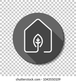 house with eco leaf icon. line style. White flat icon with long shadow in circle on transparent background
