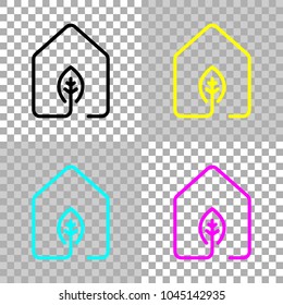 house with eco leaf icon. line style. Colored set of cmyk icons on transparent background