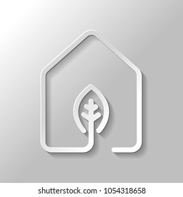 house with eco leaf icon. line style. Set of paper style icons with shadow on gray background