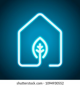house with eco leaf icon. line style. Neon style. Light decoration icon. Bright electric symbol