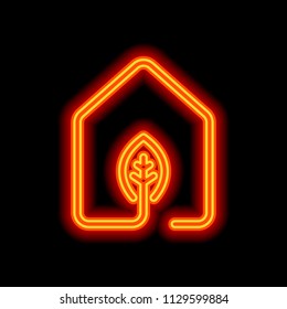 house with eco leaf icon. line style. Orange neon style on black background. Light icon
