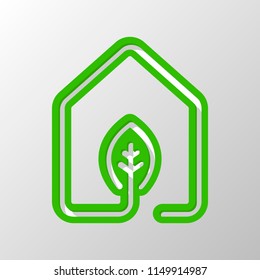house with eco leaf icon. line style. Paper style. Cut symbol with green bold contour on shape and simple shadow